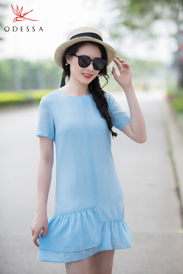 Đầm ôm bẹt vai dún ly eo hàng thiết kế màu xanh coban - C3090