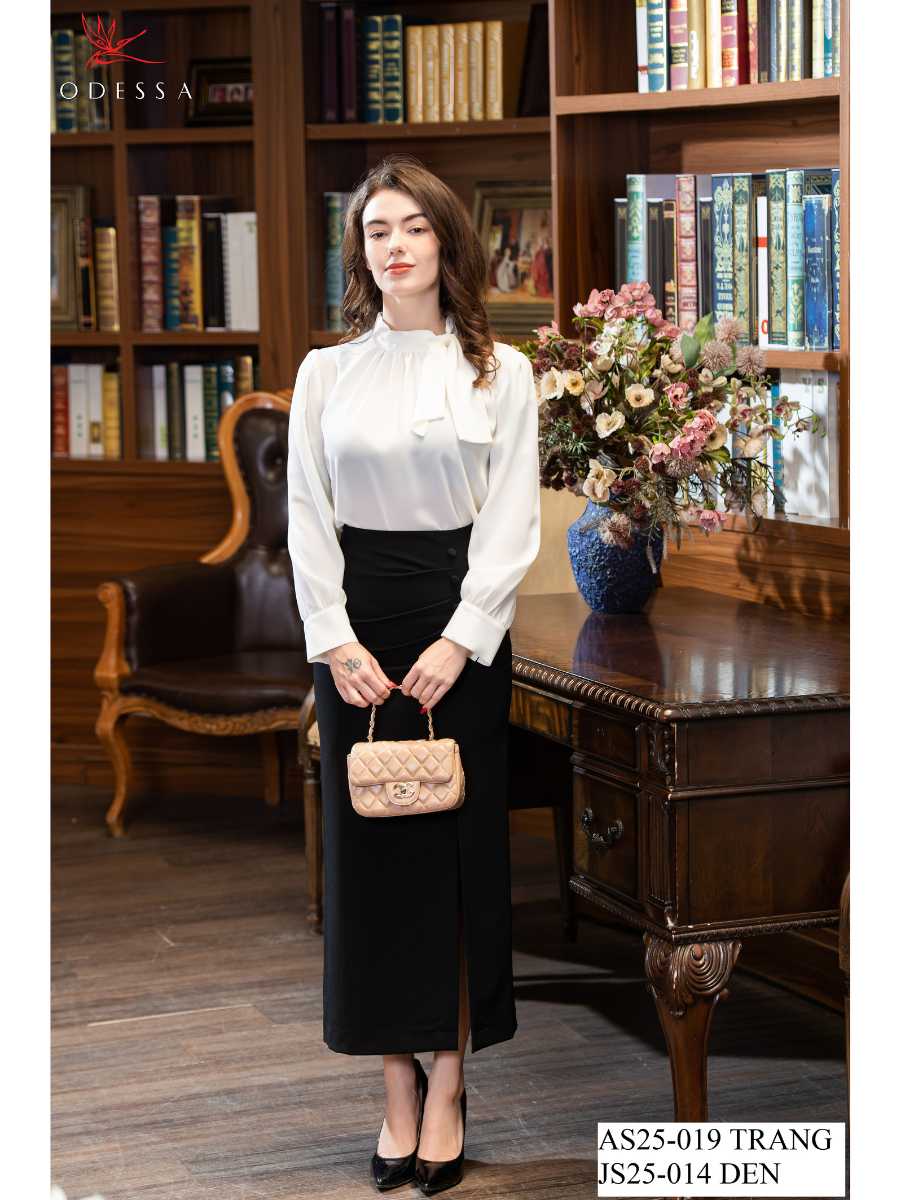 ÁO SƠ MI CỔ TRÒN THẮT NƠ AS25-019