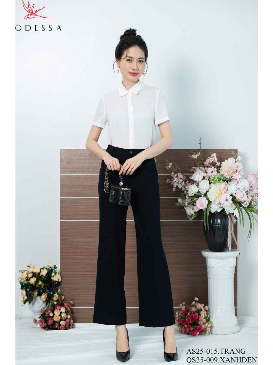 QUẦN ỐNG SUÔNG CẠP CAO PHỐI CÚC TRANG TRÍ QS25-009