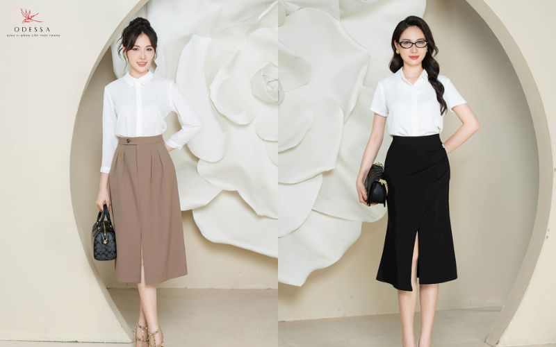 Chân váy dài qua gối mix cùng áo sơ mi 