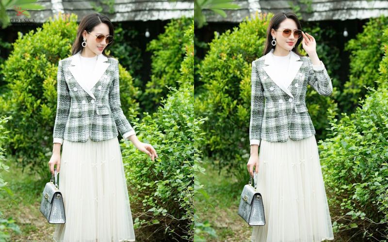 Chân váy dài qua gối phối với áo vest công sở 