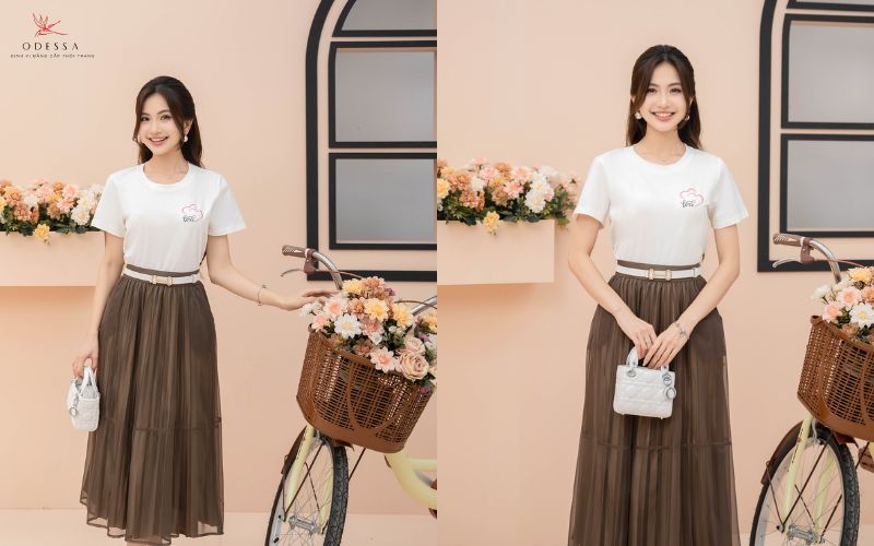 Phối chân váy dài qua gối với áo thun