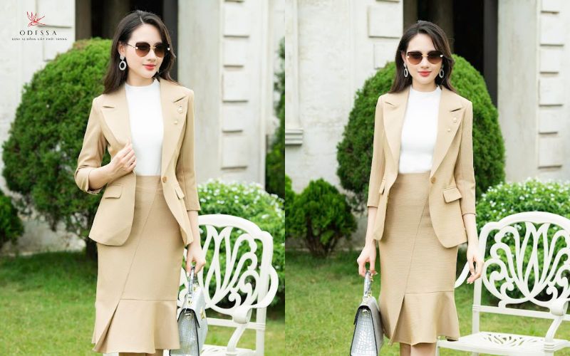 Chân váy đuôi cá phối áo vest/blazer