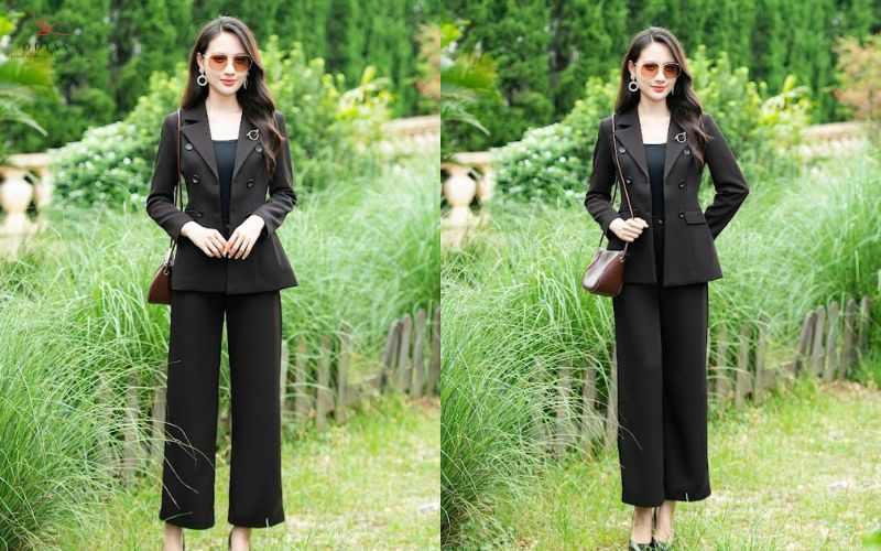 Phối áo blazer với quần ống rộng