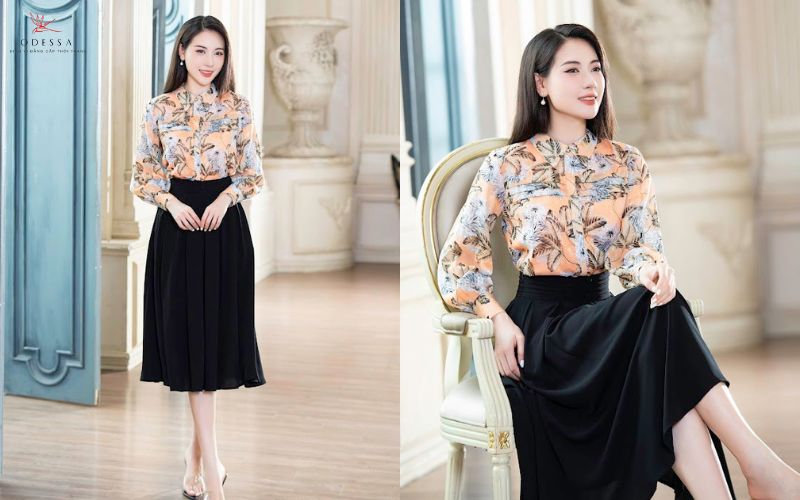 Áo tay bồng và chân váy chữ A