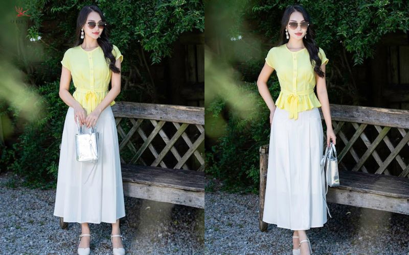 Áo peplum phối cùng chân váy xếp ly