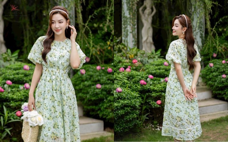 Đầm liền voan hoa bản to chiết eo