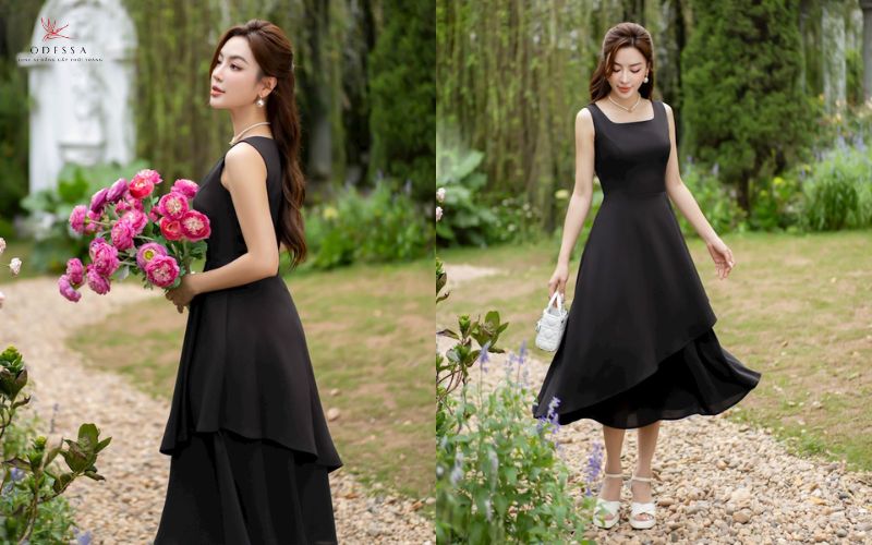 Đầm đen dài cổ vuông xếp ly sang trọng