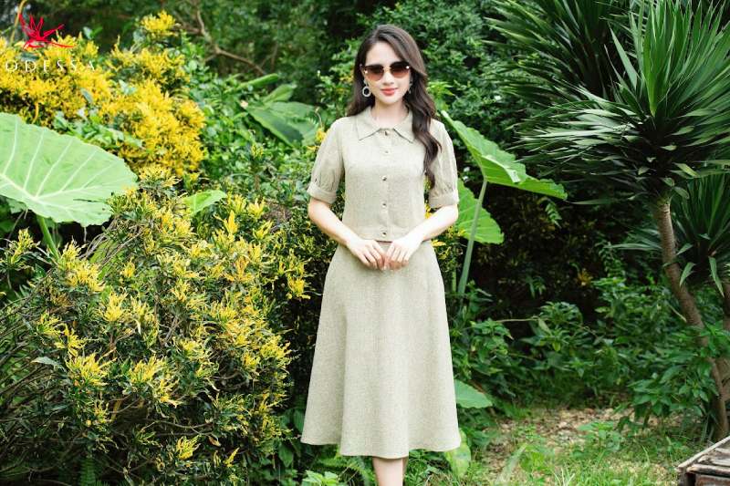 Set váy đầm xòe có cổ sơ mi kiểu Pháp