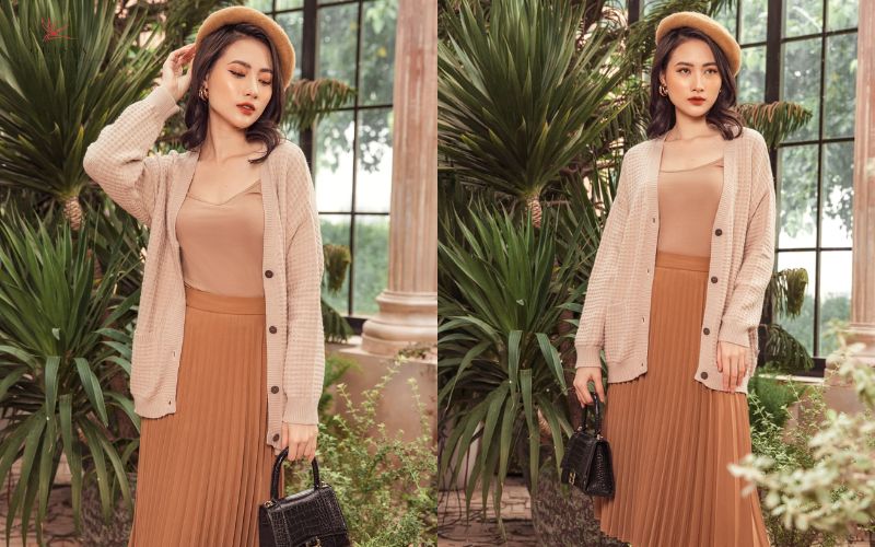 Áo khoác cardigan dịu dàng phối chân váy xòe