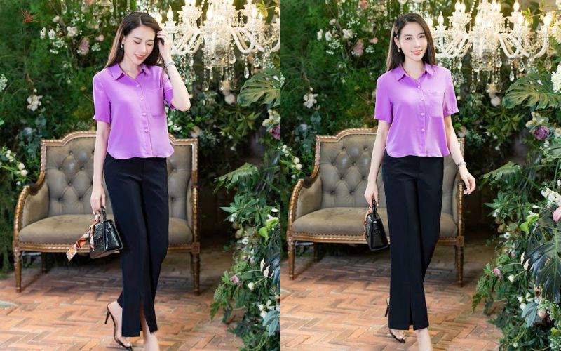 Phối áo sơ mi cộc tay basic cùng quần xẻ tà 